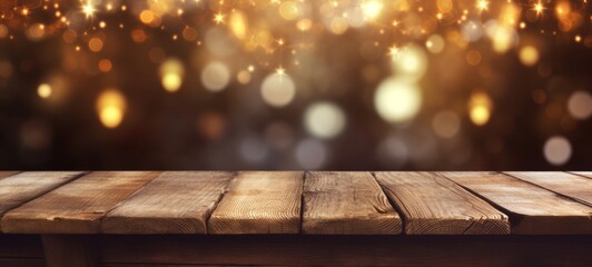Winter holiday christmas xmas background banner greeting card - Empty old wooden table boards with dark night sky and golden bokeh lights