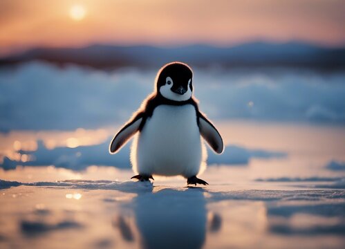baby penguen running on ice to the camera, sunset, closeup view

