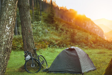 Summer Adventures. Camping and Biking in the Mountains. Forest bikepacking.