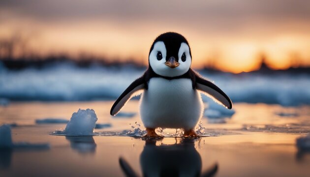 baby penguen running on ice to the camera, sunset, closeup view

