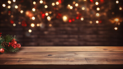 Wooden table with Christmas decorations and pine branches  for products showcase. On the background a wall with gold and red lights. Copy space, advertisement, banner.