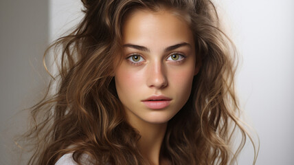 Fototapeta premium Close-up studio portrait of model. Clear backdrop. Fashion, Beauty concept.