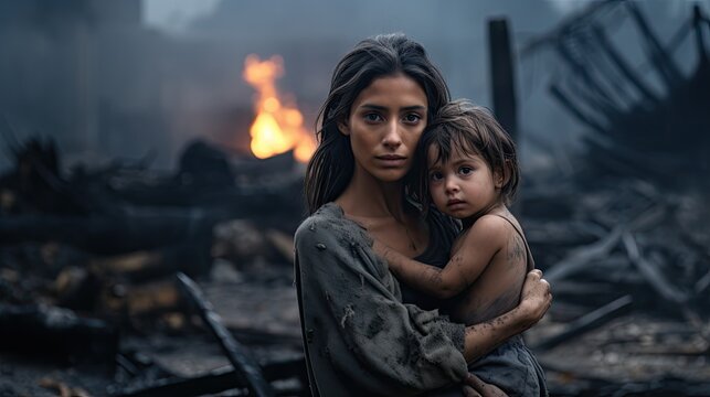 The image of a woman amidst the destruction of her home due to the effects of war