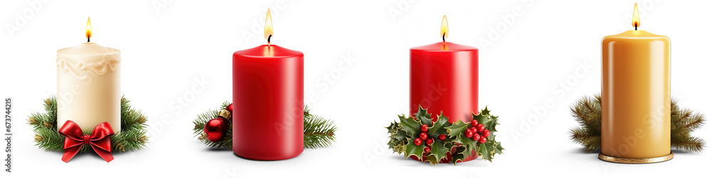 Wall mural set of burning christmas candle isolated on transparent background