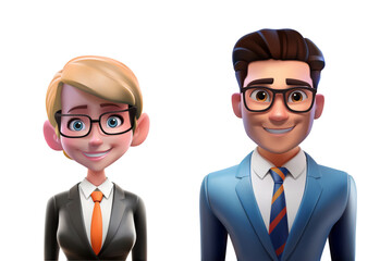 3d business people. Man and woman in strict office suits, cartoon render characters, bank employees and managers, financial sphere, vector