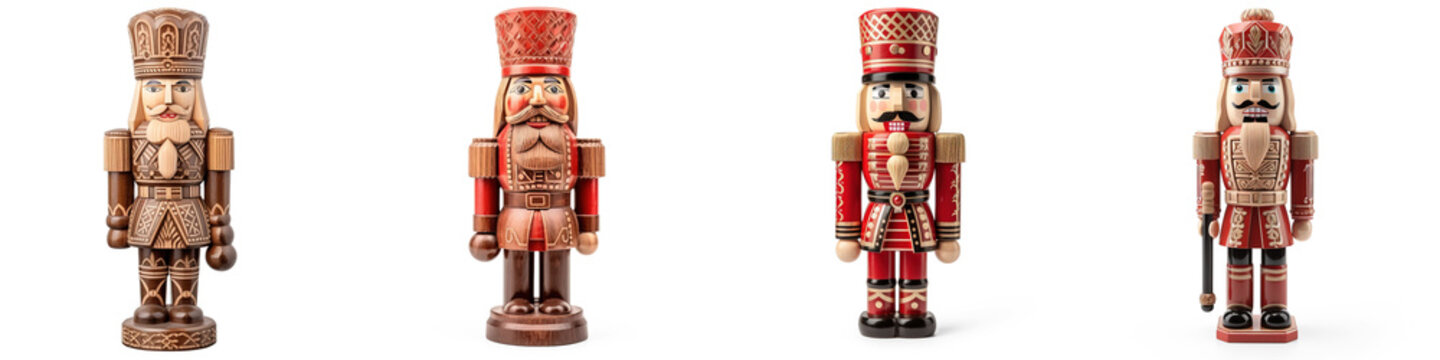 Set Of Carved Christmas Nutcracker Isolated On Transparent Background