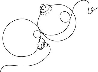 Continuous one line drawing of a Christmas decoration of baubles in silhouette on a white background. Linear stylized.New Year's toy
