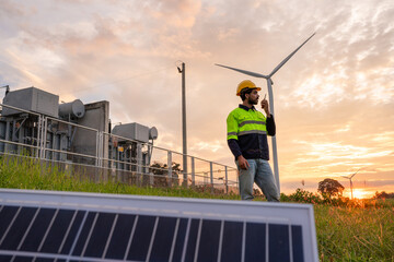Engineer wearing uniform holding solar panels and inspection work in wind turbine farms at sunset rotation to generate electricity energy. Alternative energy concept