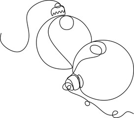 Continuous one line drawing of a Christmas decoration of baubles in silhouette on a white background. Linear stylized.New Year's toy