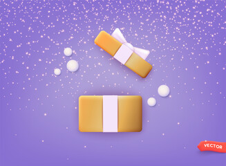 Golden Gift Box with Ribbon. Holiday surprise bonus offer. Promotion present and discount. 3D Web Vector Illustrations.