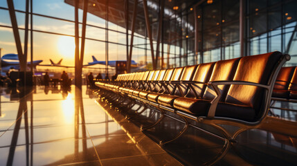 Empty chairs in the departure hall at airport with golden sunset rays. Travel, transportation...