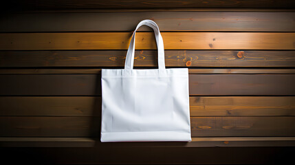 A white bag on a wooden background with space for text or advertising