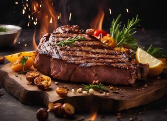 delicious grilled t-bone steak, exploding ingredients, copy space for text

