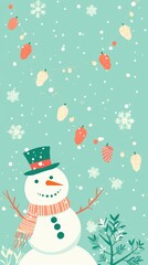 vertical Christmas cute snowman. banner with space for text in pink delicate pastel colors on a plain background