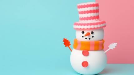 Christmas cute snowman. banner with space for text in pink delicate pastel colors on a plain background