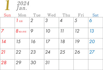 2024年カレンダー01の1月 - obrazy, fototapety, plakaty