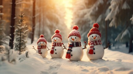Obraz premium cute snowman in the forest with gifts for christmas