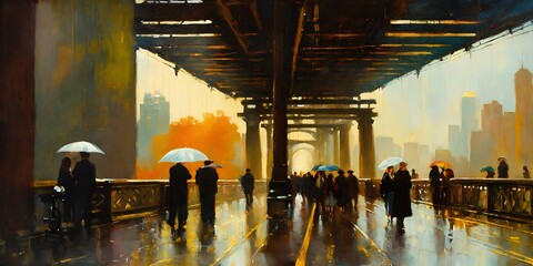 ニューヨークの情景を描いた絵画、雨に濡れた美しい街｜A painting depicting...