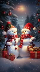 vertical cute snowman in the forest with gifts for christmas