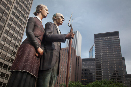 God bless America sculpture by J. Steward Johnson (temporary exhibit from 2008 to 2012), based in Grant Wood American Gothic painting, in Chicago
