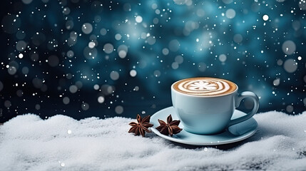 A cup of cappuccino with latte art on foam in winter snowy scenery. Free space for product placement or advertising text.