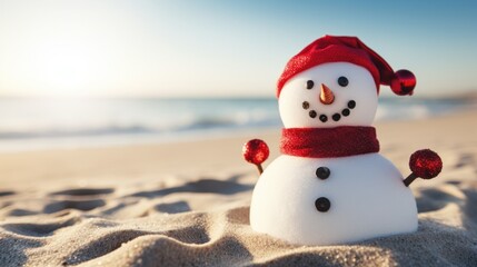 cute snowman on the beach. Christmas and New Year concept. postcard - obrazy, fototapety, plakaty