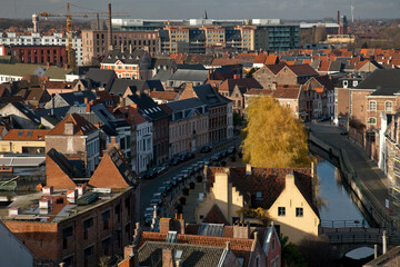 Aerial panoramic view of the Old Town of Ghent