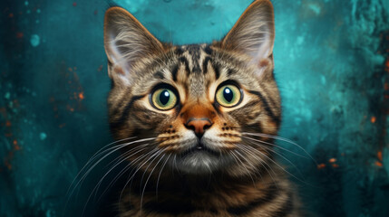 Obraz premium Cat staring on blue green background, illustrated.