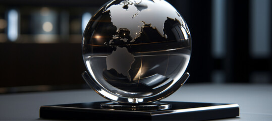 an image of a globe covered in glass, in the style of hyperrealistic precision,  light silver and dark black, streamline elegance, close-up intensity