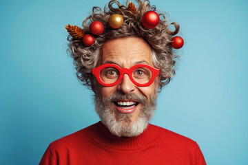 Cheerful man with curly gray hair wearing red glasses and a red sweater, with Christmas ornaments in his hair.