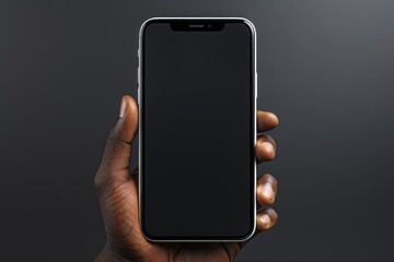 A front-view mockup of a smartphone with a blank screen for customization, held in a hand, against a black background, providing an attention-grabbing setting. Photorealistic illustration