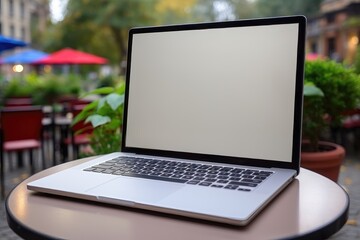 A mockup of a laptop with a blank screen for easy customization, placed on an outdoor table, creating a visually engaging context for showcasing your digital content. Photorealistic illustration