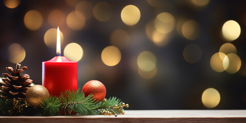 Christmas Advent - Banner Light Up Candle, Pine-cones And Branches On Snowy Wooden Table With Gold Bokeh Background