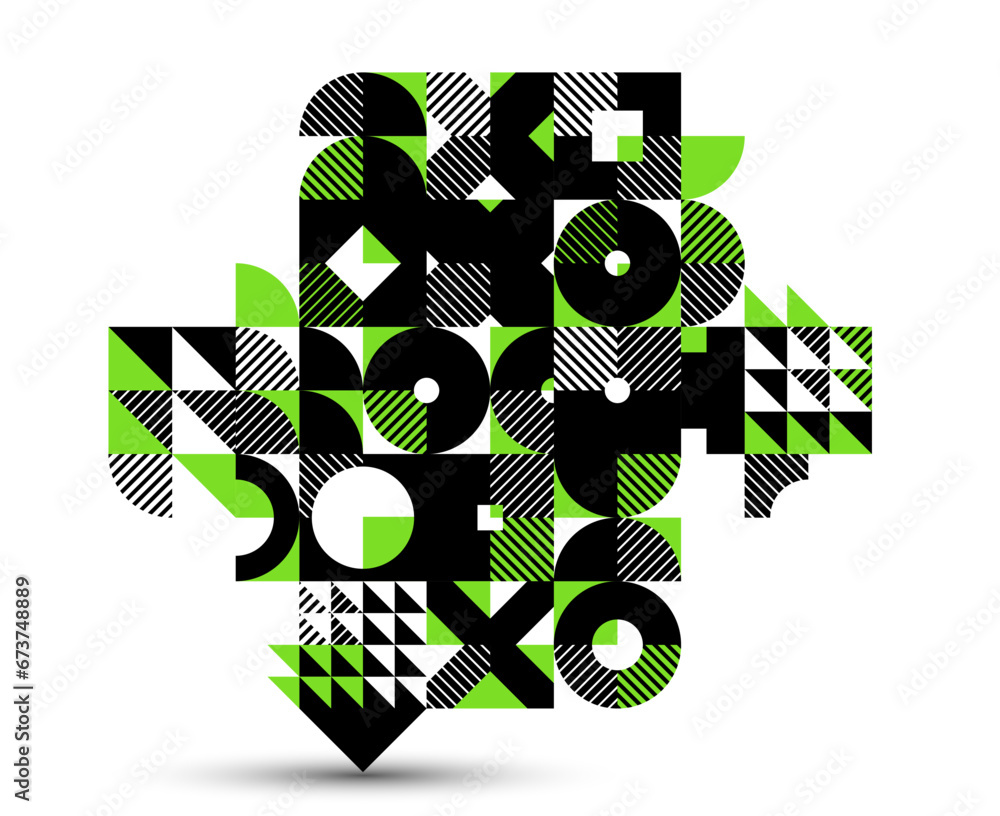 Poster abstract geometric vector background, modular tiling stripy art with circles and other shapes, retro