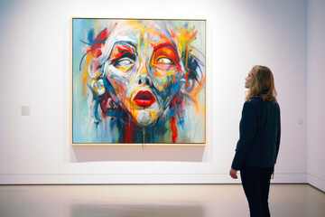 Rear view of woman admiring an art piece in gallery. Fine and abstract arts concept