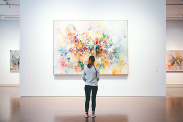 Fototapeta premium Rear view of woman admiring an art piece in gallery. Fine and abstract arts concept