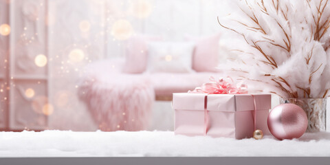 Pink Christmas - Banner Of Presents, Ornaments And Branches On Snowy Wooden Table With Pink and Gold Bokeh Background, Posh Luxorious Backdrop with Present