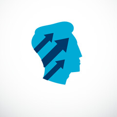 Successful man vector logo or icon design. Man head profile with arrows moving up. Businessman or entrepreneur concept.