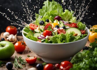 healthy and delicious salad bowl, exploding ingredients, copy space for text