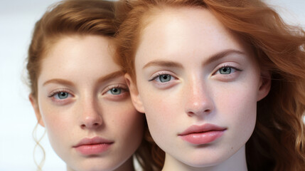 Fototapeta premium Close-up portrait of two models. Make-up, freckle skin. Natural light. Fashion, editorial concept.