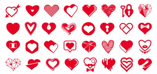 Hearts big vector set of different shapes and concepts logos or icons, love and care, health and cardiology, geometric and low poly, collection of heart shapes symbols. - obrazy, fototapety, plakaty