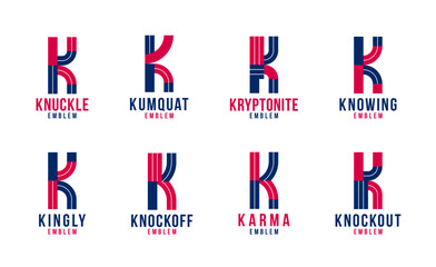 Letter k logo elements set, vector trendy retro initial, geometric monogram design symbol K.