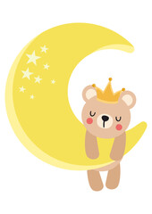 Baby teddy bear hanging on yellow moon