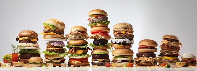 Large stacks of burgers on a white background. Generated by AI.