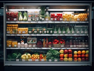 A large refrigerator shelf filled with fresh vegetables and fruits. T Generated by AI. - obrazy, fototapety, plakaty