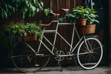 Fototapeta na wymiar Use a vintage bicycle as a plant stand.