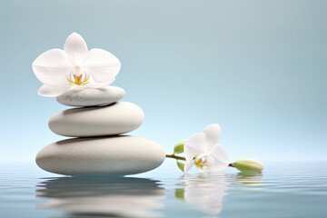 Spa still life, close-up photo with stack of white pebbles and flowers