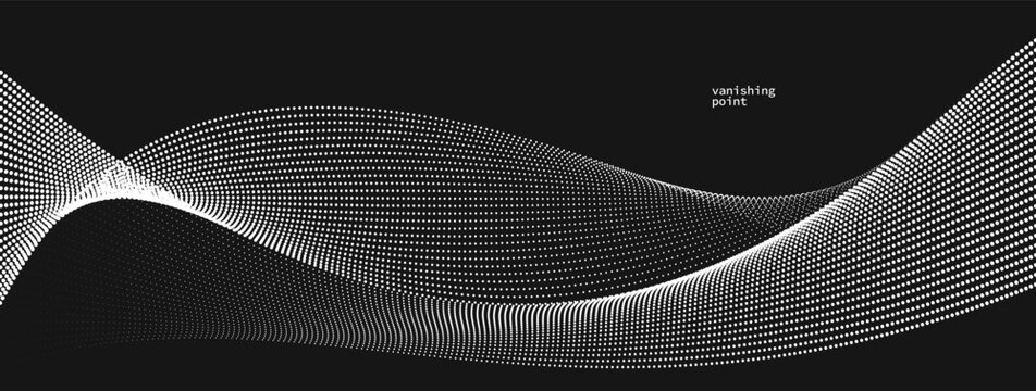 Wave of flowing vanishing particles vector abstract background, curvy lines dots in motion over black relaxing illustration, smoke like image.