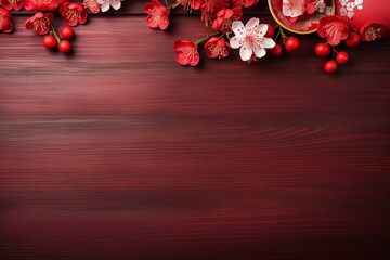 flat lay lunar new year or Happy Chinese new year decorations celebration with copy space on the wood background, generative ai