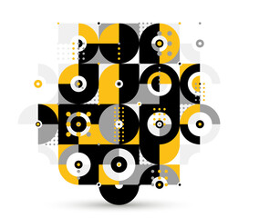 Abstract geometric vector modular background, retro 70s modernism style pattern, modular tiles with dots, spotty pattern with circles squares and triangles.